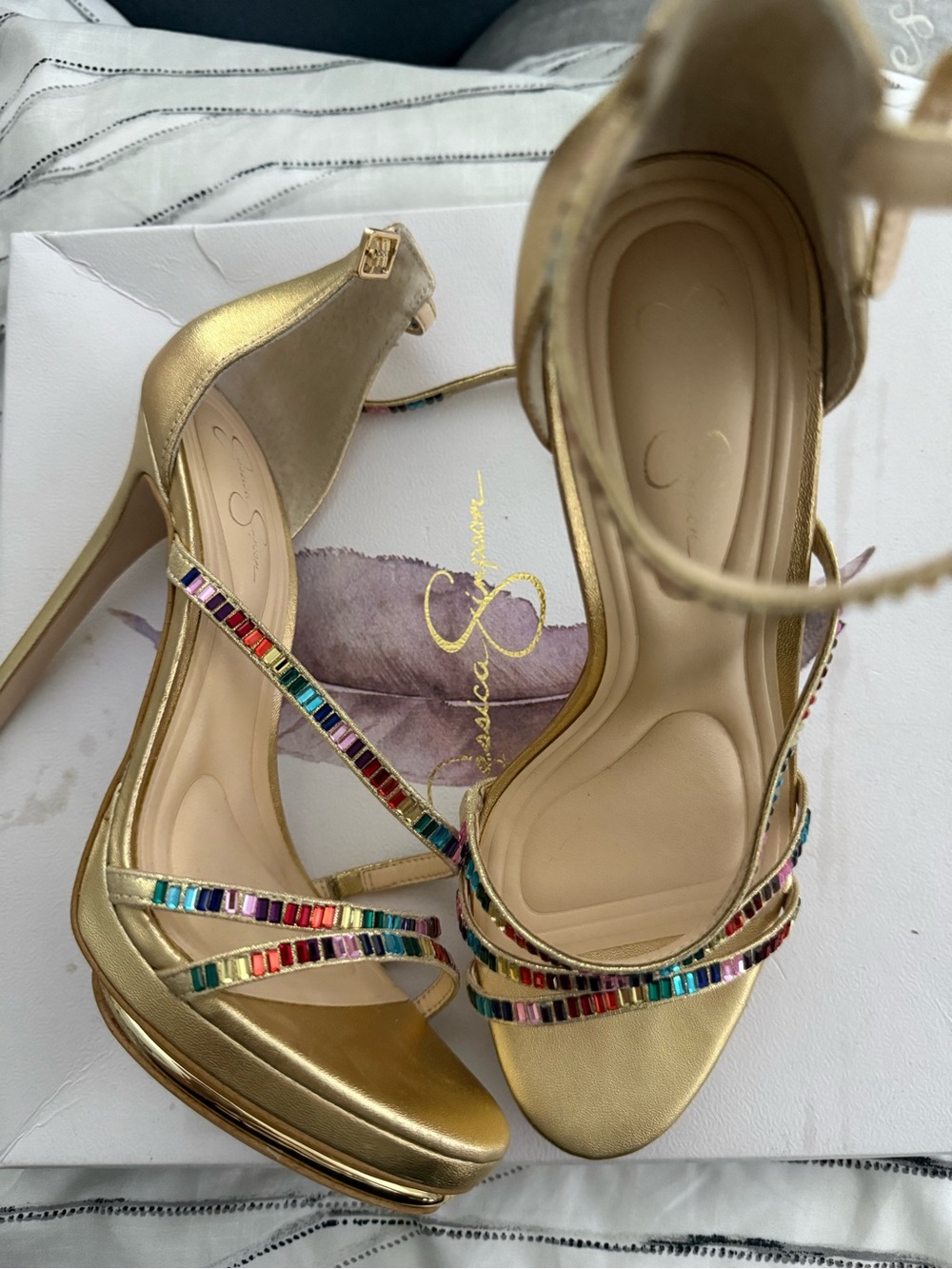 Jessica Simpson Gold Metallic Platform Heels with Multicolor Gem Straps - Picture 3 of 8